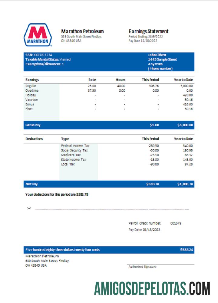 Recibo de pagamento da USA Marathon Petroleum Company amostra